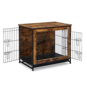 Dog Crate Furniture with Cushion, Wooden Dog Crate Table, Double Doors Dog Furniture, Indoor Dog Kennel, Dog House, Dog Cage, Rustic Brown