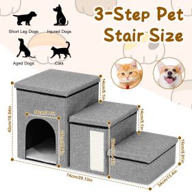 3 Step Pet Stair 4-IN-1 Foldable Dog Ramp Non-Slip Cat Storage Ladder with Scratcher Storage and Pet House for Old Pet Small/Medium Dog/Cat 165LBS Max