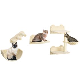 PawHut Cat Wall Shelves, 4 Pcs Cat Wall Furniture Cat Climbing Shelf With Cat Hammock, 3 Steps, Perches, Scratching Post, For Sleeping, Playing, (Color: Beige)