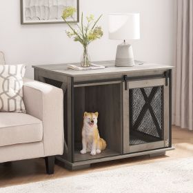 Farmhouse Dog Cage Crate Furniture with Sliding Barn Door (Material: MDF+Metal, Color: Gray Wash)